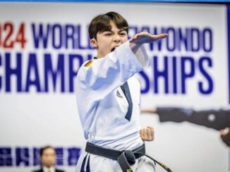 Matteo-Won Campana von der Sportschule Park bei der Weltmeisterschaft Poomsae 2024 in Hongkong.